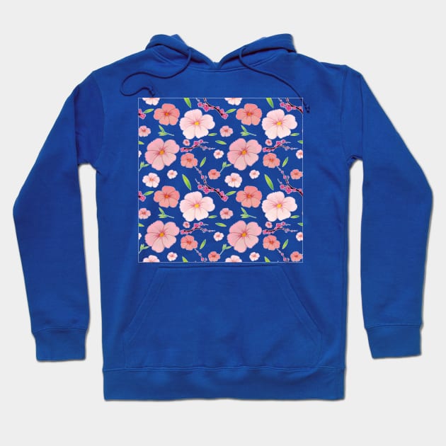 Pink Hibiscus and Sakura Blue Background Hoodie by Isdinval